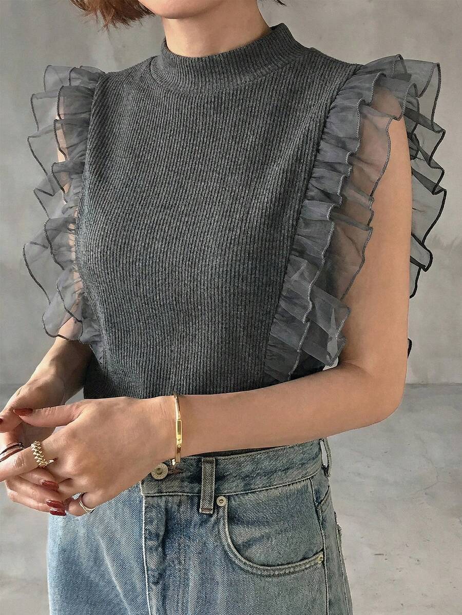 FRIFUL Women's Turtleneck Ribbed Tank Top With Mesh Ruffle Trim Sleeveless Layered T-Shirt - Dark Grey - View 1