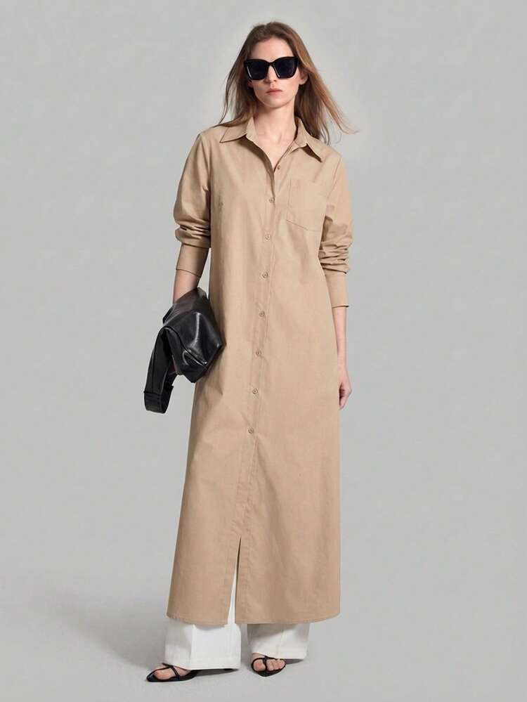 2026SS Women's Solid Color Long Sleeve Single-Breasted Split Hem Long Shirt, Urban Commute Office Business Casual Elegant Formal Blouse, Ladies All-Season Versatile Modern Urban Fashion Business Casual Women's Wear Office Attire Understated Old-Money Style, Elegant And Sophisticated, High-Quality Commuter And Airport Women's Wear Bohemian Style Vacation Outfits Seaside Women's Clothing, Country Music Concert Style, Western Style Clothing, Nomadic Casual Fashion Boho