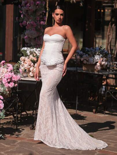 Glamrae Elegant White Minimalist Lustrous Satin & Lace Patchwork Strapless Luxury 3D Pearl Chain Pendant Waist Sculptural Mermaid Tail Extra Long Train Dress, Suitable For Dates, Weddings, All Bridal Events (Detachable Sequins Included)