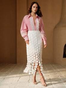 Anewsta 春季法式蕾丝拼接条纹女式衬衫 - 紅色 - 查看 4