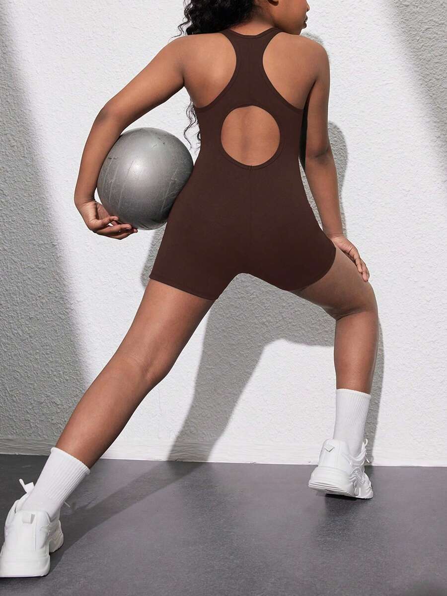 SHEIN Tuta casual sportiva da ragazza tween, scollo a U, schiena aperta, abbigliamento da yoga e attività fisica, primavera/estate - Castano - Visualizzare 1