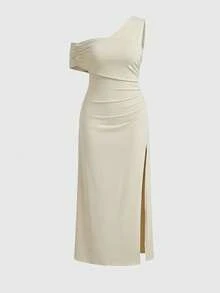 Auralis Nuevo vestido de verano sin mangas con hombro asimétrico, fruncido, hombro inclinado, abertura alta en color albaricoque para temporada de bodas / Vestido elegante moderno de talla grande para uso diario / Vestido de oficina - Albaricoque - Ver 6