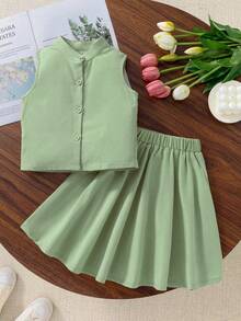SHEIN 2件套少女夏季套裝，優雅復古植物印花夏日洋裝，老錢風，海島海灘週末度假風，返校穿搭 - 綠色 - 查看 6