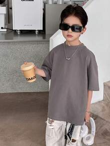 DAZY Kaos Lengan Pendek Polos Kasual untuk Anak Laki-Laki Usia 8-12 Tahun, Musim Panas - Grey - View 5