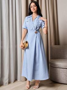Modelyn Elegant Striped Shirt Collar Dress For Commuting - Blue and White - View 6