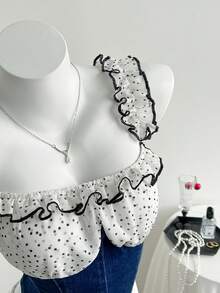 Elamini Women's Polka Dot Patchwork Ruched Casual Versatile Date Outing Denim Top - Multicolor - View 4