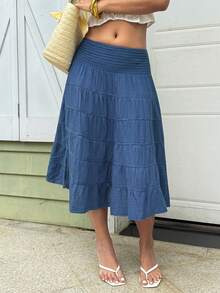 Sunnyshic 女士夏季休闲褶皱牛仔迷你裙 - 藍色 - 查看 4