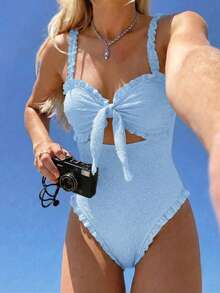 Swim Mod Baju Renang Terusan Musim Semi/Panas Terbaru, Bikini, Tanpa Tali Bahu, Seksi, Imut, Manis, Kain Bertekstur, Berumbai, Gaya Resor Pantai - Biru - View 5