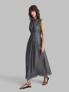 Ontre Đầm dài màu xám trơn thanh lịch mới 2026SS, đầm nữ duyên dáng, áo khoác ngoài, trang phục công sở, đi nghỉ mát, đi biển, dự tiệc sinh nhật, đồng phục giáo viên, trang phục công sở. - Màu xám đen - Xem 4