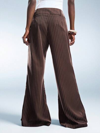 GENKIRA Khaki Striped Low-Waist Flared Pants, Retro Casual Style, Neat Tailoring Flattering Leg Shape And Length, Suitable For Vintage Daily Outfits
