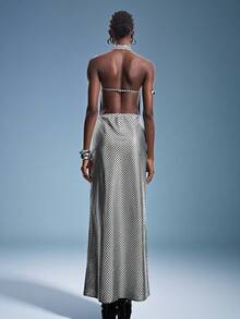 Silver Foil Plaid Backless Draped Neck Dress, Sexy Elegant Vintage Party Versatile Long Dress For Women - Silver - View 2