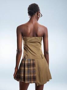 GENKIRA 不对称撞色格纹拼接褶裥下摆抹胸连衣裙，解构复古学院风，卡其色，适合春夏街头、约会、时尚ins风穿搭 - 彩色 - 查看 4