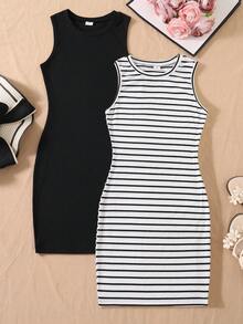 2 piezas Vestido casual sin mangas de Body con costillas y bloques de color con estampado de mariposa para niñas, verano - Multicolor - Ver 3