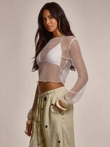 MUSERA Netted Sheer Flared Sleeve Crewneck Top Cute Summer Spring Sexy Going Out Beach Holiday Vacation Honey Tides - White - View 3