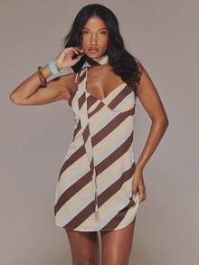 MUSERA Đầm chữ A dáng ngắn với chi tiết khăn quàng cổ kẻ sọc, thích hợp cho mùa xuân hè, kỳ nghỉ, du lịch, sang trọng, dự tiệc tối, dự đám cưới, hẹn hò trang trọng. - Nhiều màu - Xem 1