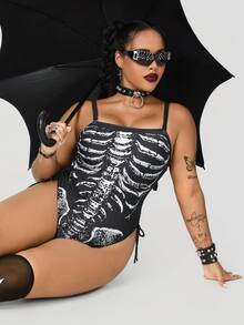 ROMWE Goth Plus Size Skeleton Print One-Piece Swimsuit, Vacation & Beach - Navy Blue - View 5