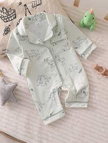 SHEIN Vintaside Kids Newborn Foot Pajamas,Cartoon Dinosaur Pattern With Drawstring Pocket Edges,Soft Fabric 2026 New Baby Set,Off-White,Winter,Cute,Lounge Comfortable - Green - View 7