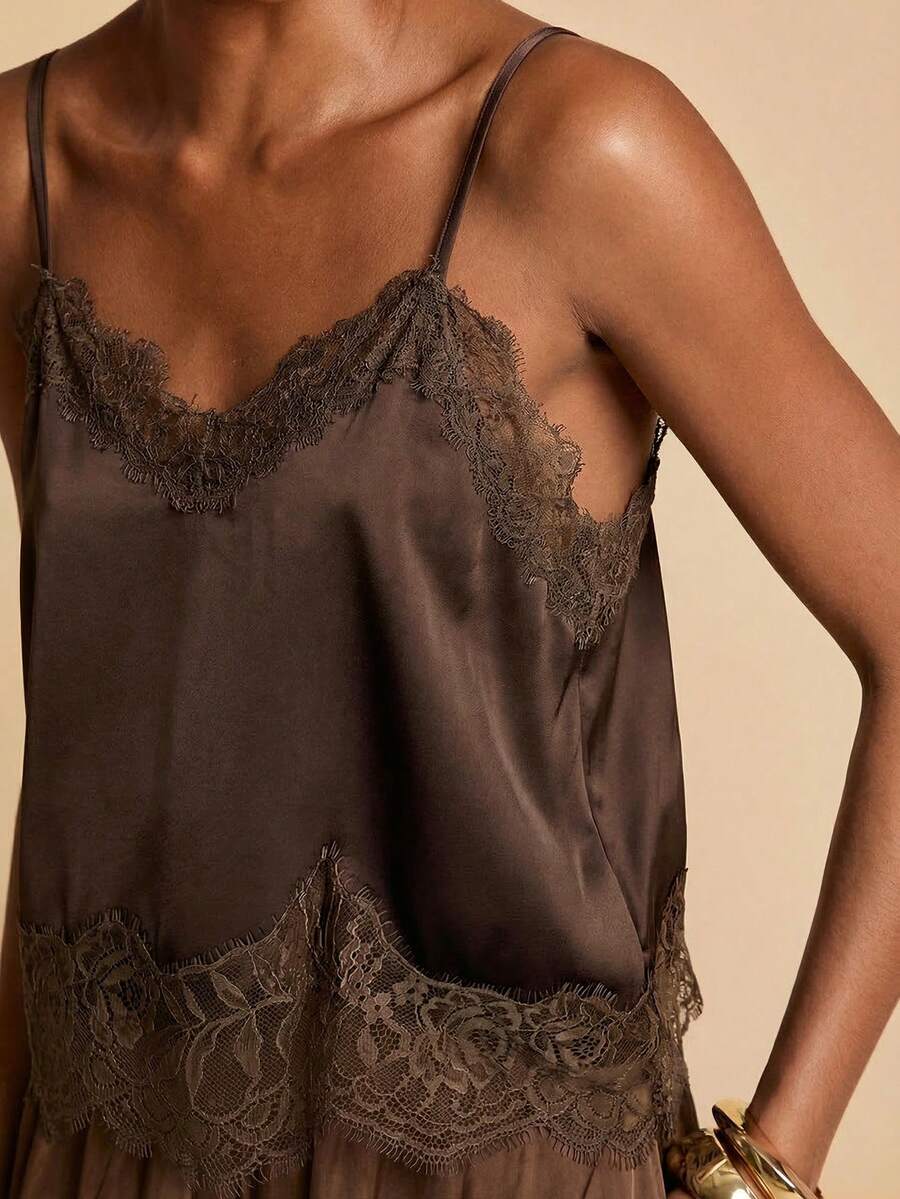 Travachic Women's Summer Casual Solid Color Contrast Lace Camisole,Summer Top - Brown - View 1