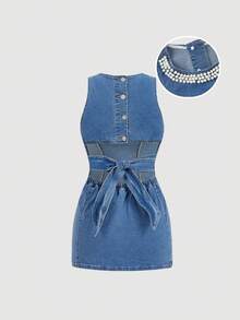 Sweetra Damen Lässig Kleid aus Denim mit Rundhalsausschnitt, ärmellos, figurbetonend, mit Perlenbesatz, Sommer - Helle Waschung - Übersicht 5