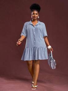 Slaydiva Plus Size Summer Casual Striped Front Button Dress - Royal Blue - View 5
