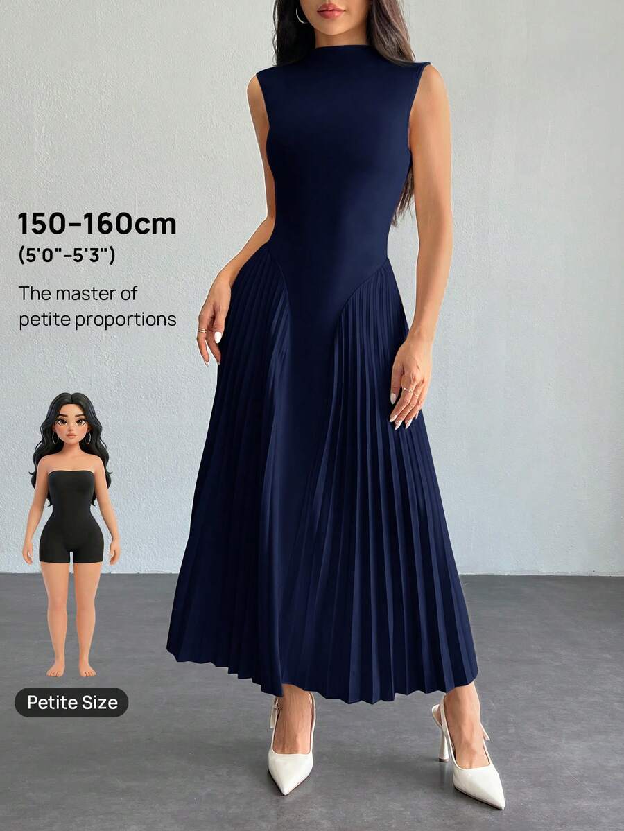 SHEIN PETITE 女士优雅褶皱紧身 A 字形连衣裙 - 藏蓝色 - 查看 1