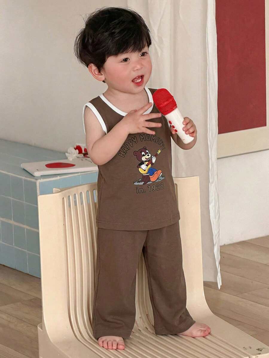 DAZY 2件組男嬰卡通印花圓領背心與長褲睡衣套裝 夏季幼兒 - 咖啡棕 - 查看 1