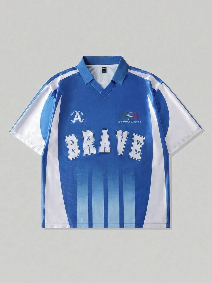 ROMWE MEN Prep 男士休闲时尚街头字母印花撞色短袖V领Polo衫，夏季 - 藍色 - 查看 1