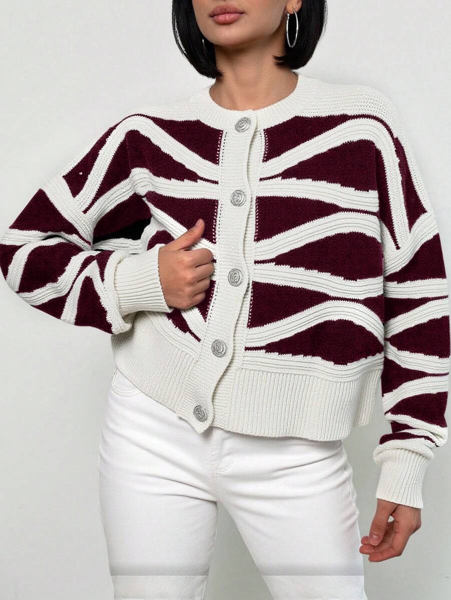 EURMUSE Women's Colorblock Pattern Long Sleeve Cardigan - Multicolor - View 1