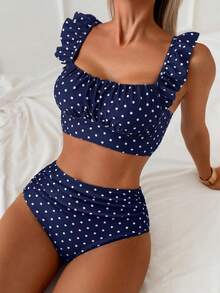 Swim Basics 两件套女士夏季沙滩优雅简约度假黑白波点荷叶边吊带褶皱上衣和高腰褶皱三角裤套装 - 藏蓝色 - 查看 1