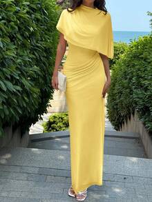 Aloruh Elegantes, minimalistisches Pendler-Modekleid mit elastischem Bund, mehrlagigem Rüschen-Dekor und schlankender Passform, geeignet für formelle Anlässe, Dates, Urlaub - Gänsegelb - Übersicht 5