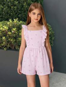 SHEIN Tuta larga con scollo quadrato e maniche a campana a righe per ragazze pre-adolescenti, adatta per le vacanze - Viola malva - Visualizzare 6