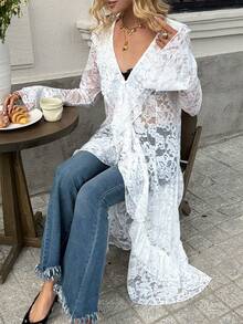 Livesso 白色蕾丝喇叭袖衬衫，适合海滩派对、度假、复活节假期、夏季穿着 - 白色 - 查看 7