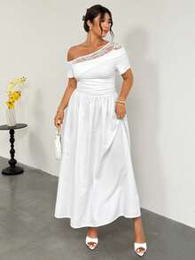Firerie Plus Size Women's Contrast Lace Asymmetric Neck Short Sleeve Elegant White Dress,Summer Casual Zanzea Wedding,Party & Graduation Dress For Women - White - View 4