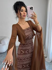 Islaluna Women's Arabic Style Outfit Set, Women's Kurta Set, Women's Saree, Chiffon Fabric, Geometric Pattern, Print, Fitted Camisole With Waist Tie Bow, Extra Long Exaggerated High Slit Bell Sleeve Cropped Top, Elegant Casual Luxurious Romantic Retro Sexy Spring/Summer Maxi Dress, Women's Cropped Shirt, Women's 2-Piece Set - Brown - View 3