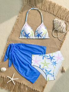 SHEIN 少女比基尼套装，海星印花三件套泳衣带裙子，时尚休闲优雅泳装，适合游泳、度假、夏季穿着（印花随机） - 藍色 - 查看 7