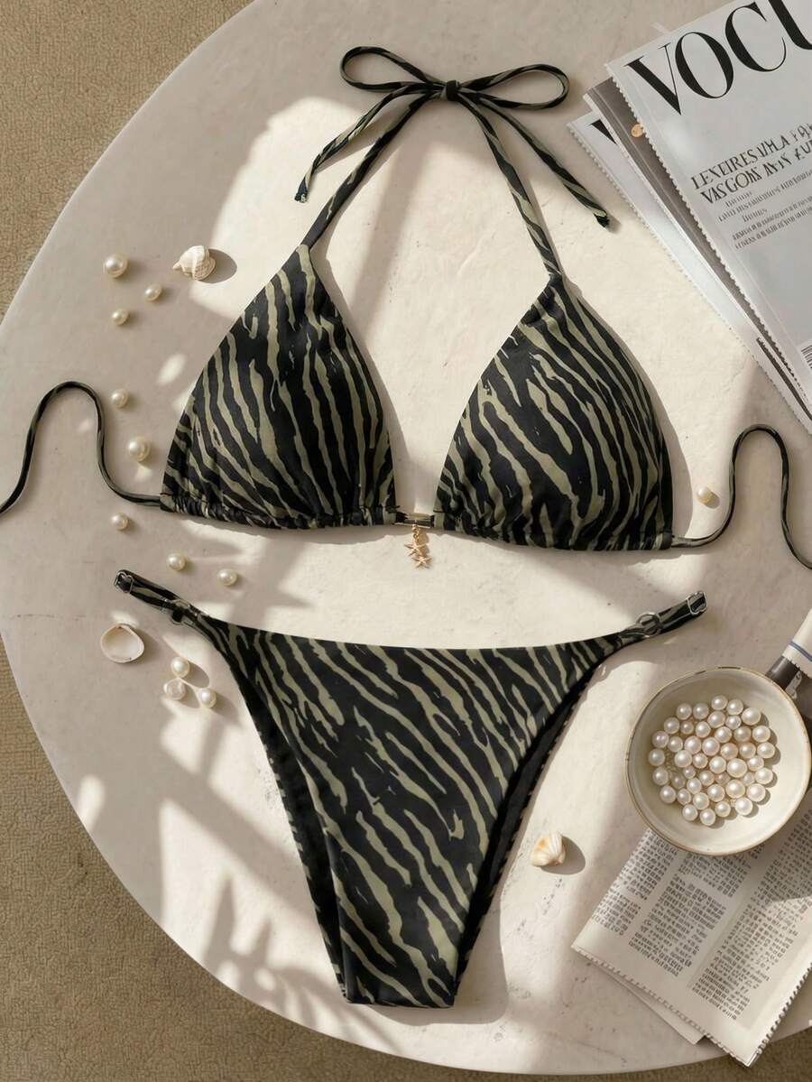 Swim SXY 2026 大码女式夏季新款斑马纹吊带比基尼性感沙滩度假泳装套装 - 黑色 - 查看 1