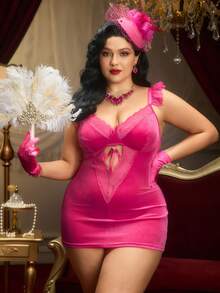 PinupPomp 大码复古蕾丝拼接深V领系带交叉短袖荷叶边下摆浪漫复古裹身睡裙，粉色 - 玫紅色 - 查看 6