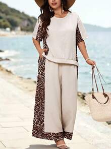 EMERY ROSE Große Größen Leopardenmuster Patchwork Leinen-ähnliche Textur asymmetrischer Saum Hemd & lockere Hose 2-teiliges Set, Beige, Sommer, Boho, Strand, Urlaub Lässig - Verschiedenfarbig - Übersicht 8