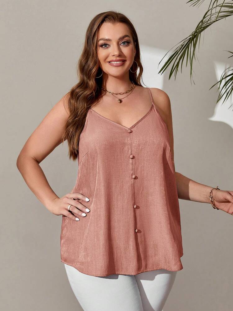 Plus Size Women'S Paperments Blue Faux Button Decoration Cami Tank Top