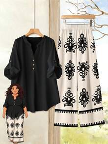 Rusticease Bộ đồ 2 món phong cách tối giản, họa tiết hình học, áo kiểu dáng rộng rãi, cổ chữ V, gấu quần loe, ống đứng, cỡ lớn, phù hợp cho công sở, du lịch và mặc thường ngày. - Nhiều màu - Xem 1