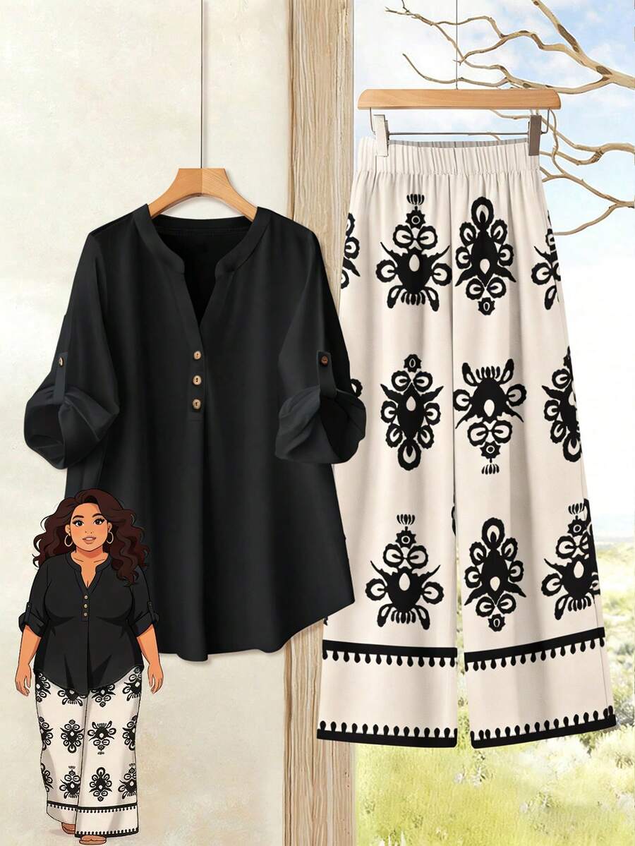 Rusticease Bộ đồ 2 món phong cách tối giản, họa tiết hình học, áo kiểu dáng rộng rãi, cổ chữ V, gấu quần loe, ống đứng, cỡ lớn, phù hợp cho công sở, du lịch và mặc thường ngày. - Nhiều màu - Xem 1