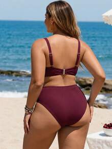 Swim Lushoire Plus Size Fashionable Sexy Casual Vacation Ruffle Deep V-Neck Tankini Swimwear - Burgundy - View 2