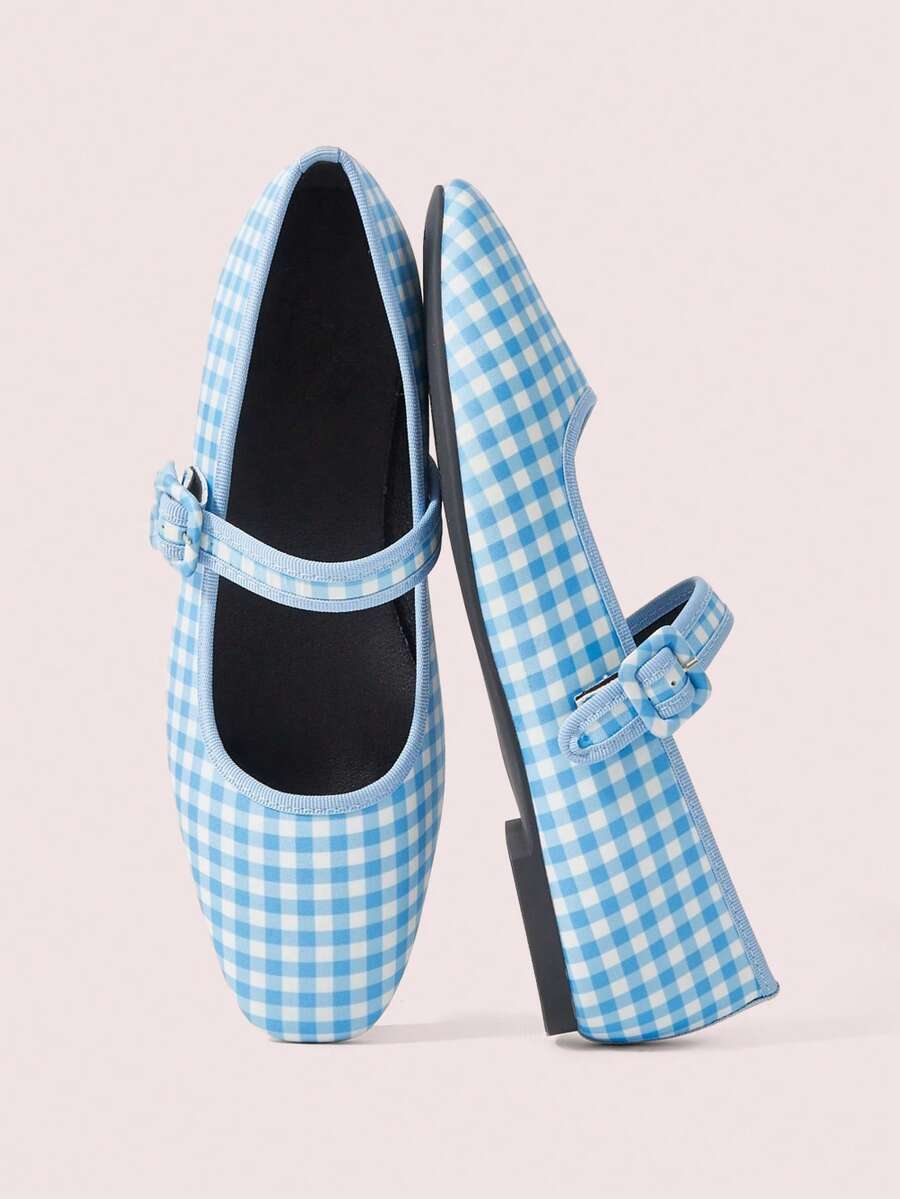 CUCCOO DOLLMOD Ladies Blue And White Plaid Splicing French Retro Square Toe Elegant Word-For-Word Bag Buckle Simple Design Mary Jane Flat Shoes Suitable For All Seasons Holiday Birthday Party Low Vamp Shoes - Blue and white plaid - View 1