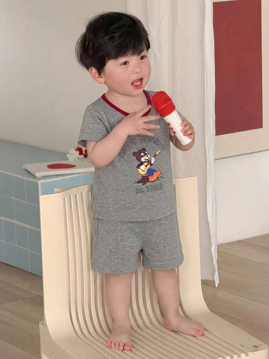 DAZY 2件組男嬰卡通印花圓領背心與長褲睡衣套裝 夏季幼兒 - 灰色 - 查看 1