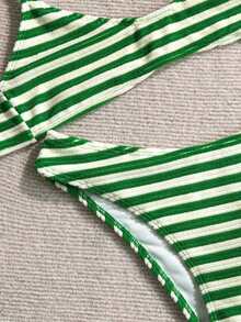 Swim Mod Women's 2 Pieces Green Stripe Textured Spaghetti Strap Bikini Top And Bottoms,Summer Casual Holiday Pool Party Vacation Holiday Swimming Swimsuits - Green - View 4