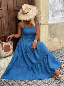 Breezaya 大码女士优雅休闲度假吊带连衣裙 - 藍色 - 查看 4