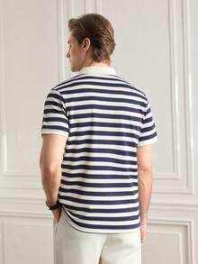 Officeau Knitted Men's Striped Polo Shirt - Fashionable & Comfortable - Knitted - Navy Blue - View 2