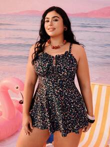 Swim Mod 大码女式碎花褶皱前部可调节肩带度假沙滩连衣裙，配比基尼泳裤 - 彩色 - 查看 3