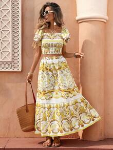 SHEIN Clasi Women's White Floral Summer Boho Tea Party Holiday Elegant Ruffle Sleeve Square Collar Cropped Top & A-Line Midi Skirt Floral Print 2-Piece Set - Yellow - View 1
