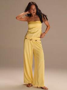 Athîral 女士时尚抹胸上衣和裤子两件套 - 黃色 - 查看 6